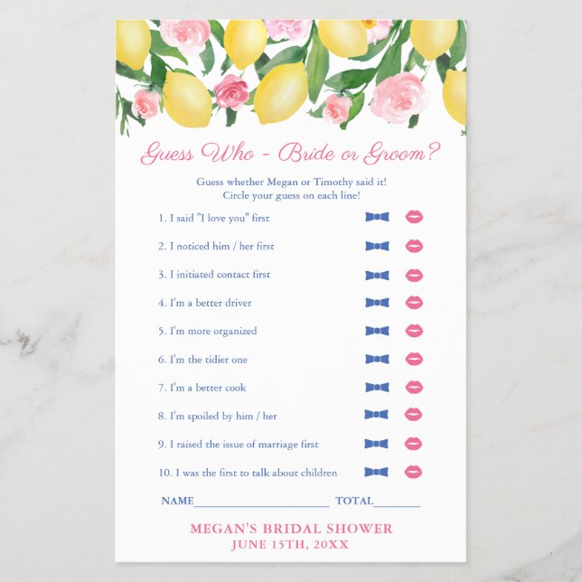 Pink Lemon rät, wer Braut oder Duschspiel Flyer (Vorne)