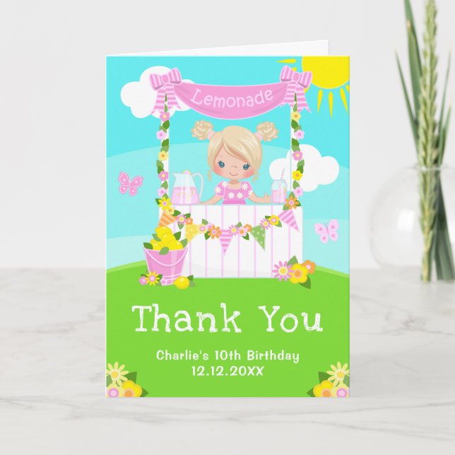 Pink Lemonade Stand Birthday Blonde Hair Girl Dankeskarte (Vorderseite)