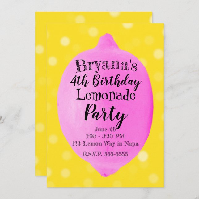 Pink Lemonade Yellow Birthday Party Einladung (Vorne/Hinten)