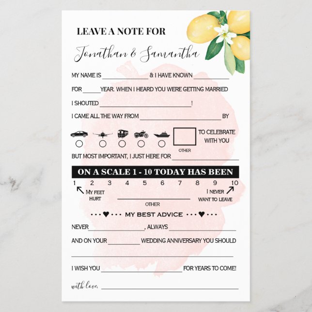 Pink Lemons Note for Paar Wedding Game Card Flyer (Vorne)