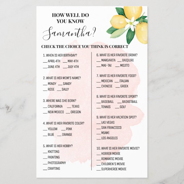 Pink Lemons Wie gut kennen Sie die Bride Game Card Flyer (Vorne)