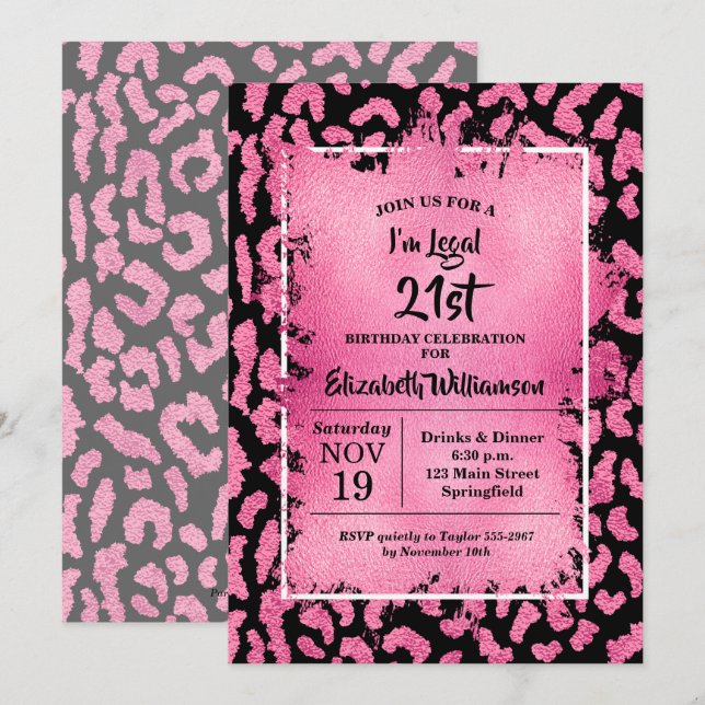 Pink Leopard 21. Geburtstagsfeier Einladung (Vorne/Hinten)