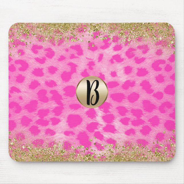 Pink Leopard Cheetah Animal Gold Glitter Monogram Mousepad (Vorne)