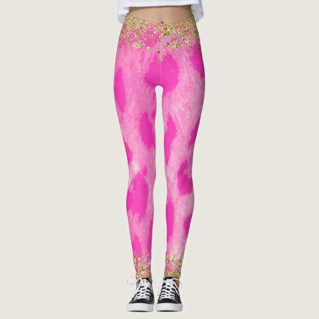 Pink Leopard Cheetah Print Gold Glitzer Trendy Leggings (Vorderseite)