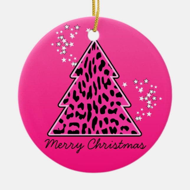 Pink Leopard Cheetah Weihnachtsbaum Keramik Ornament (Vorne)