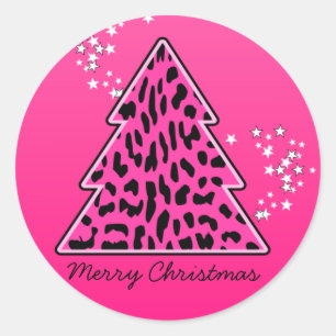 Pink Leopard Cheetah Weihnachtsbaum Runder Aufkleber