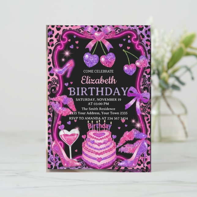 Pink Leopard Cherry Birthday Invitation Einladung (Stehend Vorderseite)
