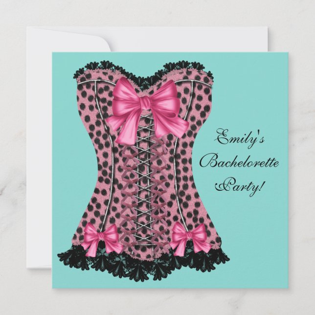 Pink Leopard Corset Aquamarin Blue Junggeselinnen- Einladung (Vorderseite)