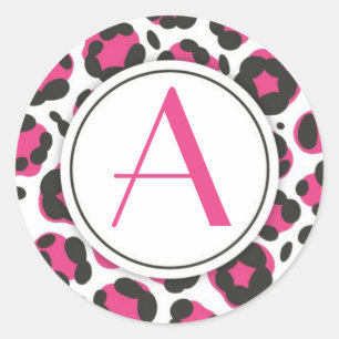 Pink-Leopard-Druck-Monogramm-Aufkleber Runder Aufkleber