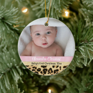 Pink Leopard Girl Babys Erstes Weihnachtsfest Foto Keramik Ornament