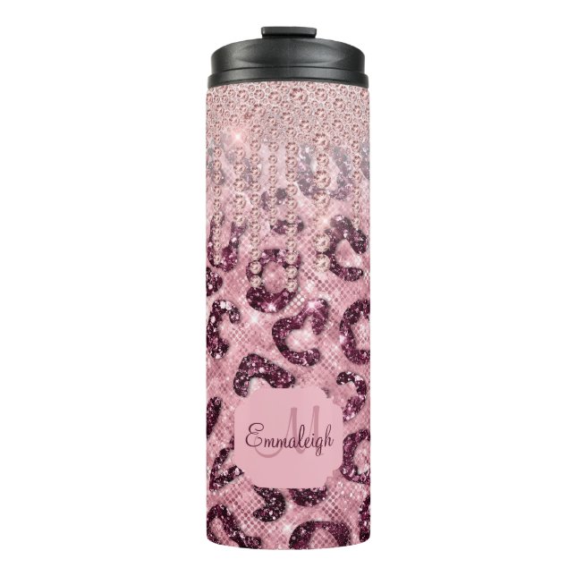 Pink Leopard Glitzer Diamond Tropfen Monogram Ther Thermosbecher (Vorderseite)