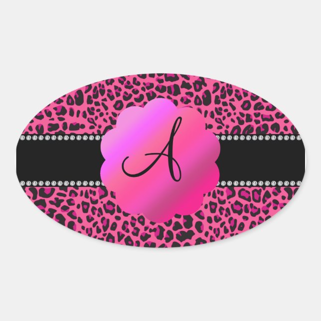 Pink Leopard Monogramm Ovaler Aufkleber (Vorderseite)