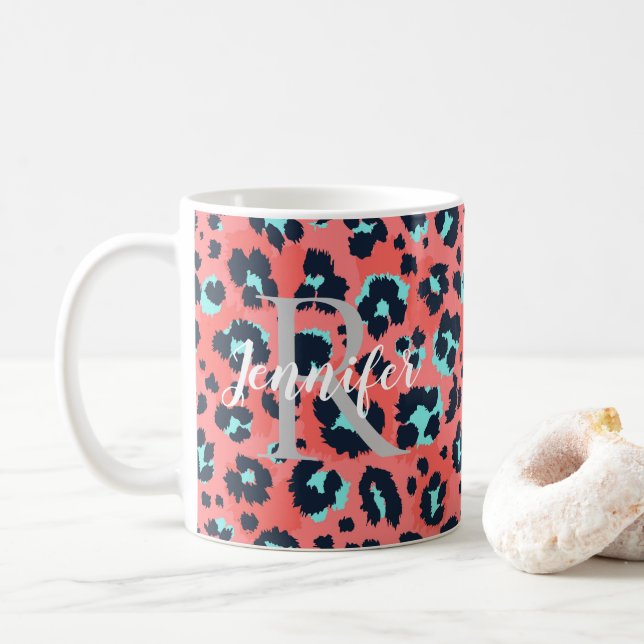 Pink Leopard personalize Monogram & Name Kaffeetasse (Mit Donut)