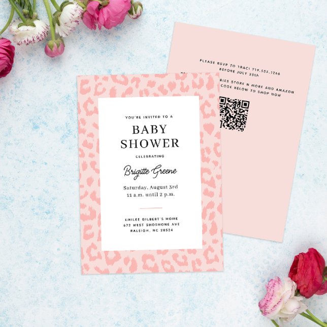Pink Leopard Print Baby Dusche Einladung (soft pink leopard print framed modern girly baby shower)