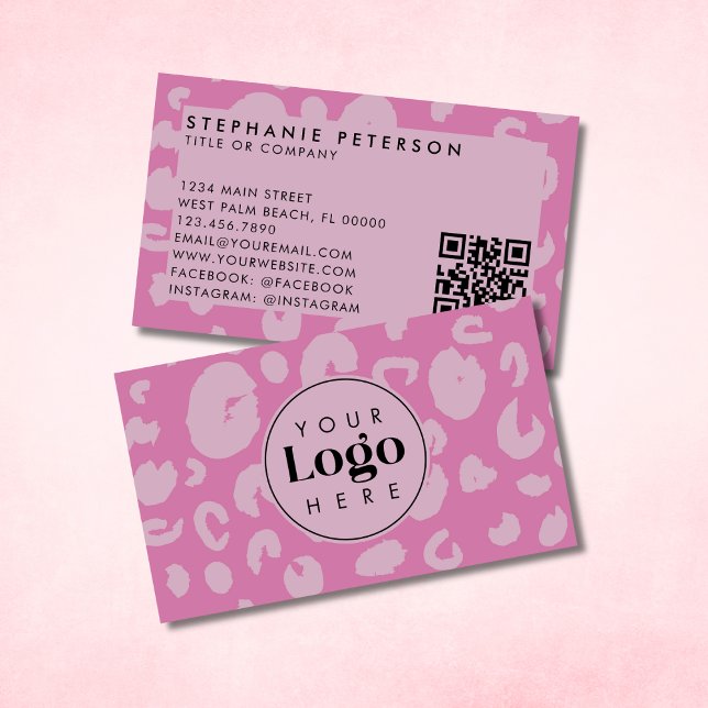 Pink Leopard Print Custom Company Logo QR Code Visitenkarte (Von Creator hochgeladen)