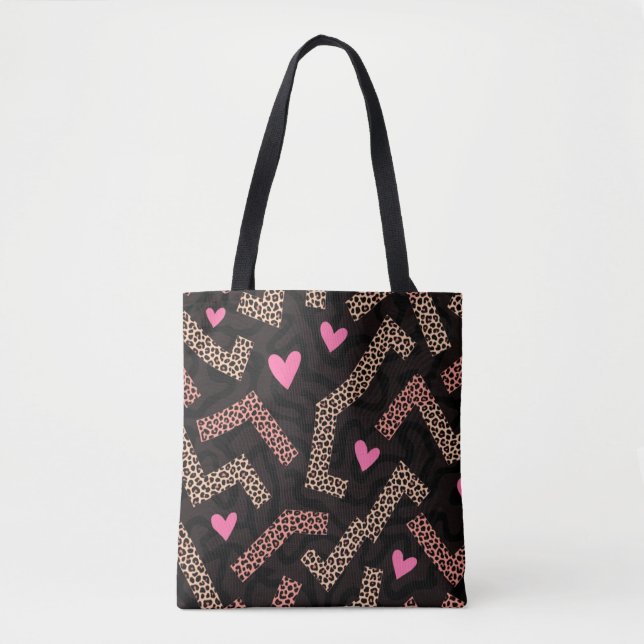 Pink Leopard Print Heart Tote Tasche mit Zigzag (Vorderseite)