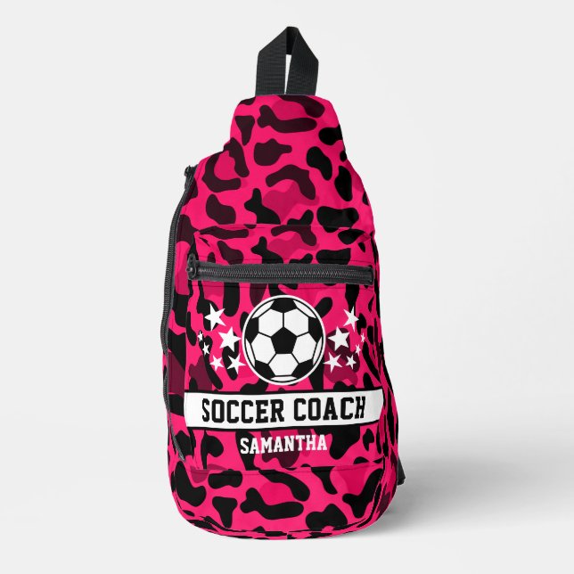 Pink Leopard Print Soccer Name Crossbody Bag (Vorderseite)