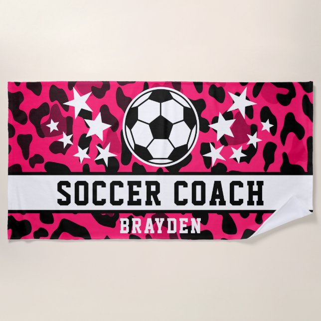 Pink Leopard Print Soccer Name Strandtuch (Vorderseite)