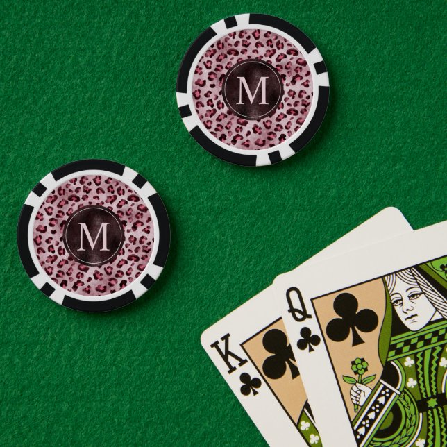 Pink Leopard Tierdruck mit Faux-Folie-Monogramm Pokerchips (Pokertisch (doppelt))