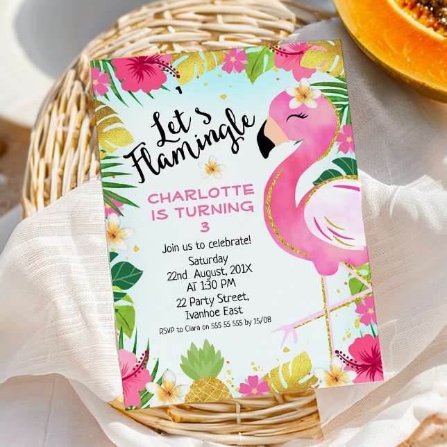 Pink Let's Flamingle Blumenblätterung Geburtstag Einladung (Flamingo Birthday Invitation Template Instant Download Printable, Let's Flamingle Birthday Invite)