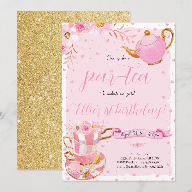 Pink Let's Par-Tee Tea Birthday Party Einladung (Vorne/Hinten)