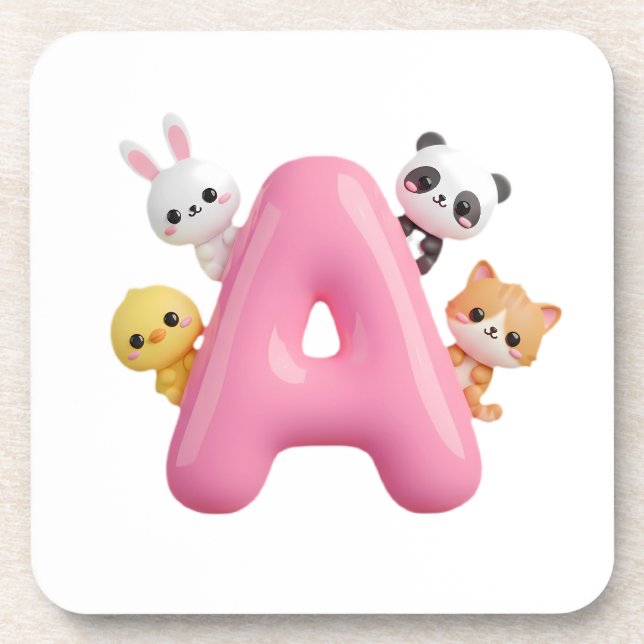 Pink Letter A Forest Animals Coaster Set Getränkeuntersetzer (Vorderseite)