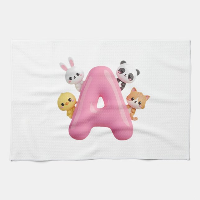 Pink Letter A Forest Animals Kitchen Towel Geschirrtuch (Horizontal)