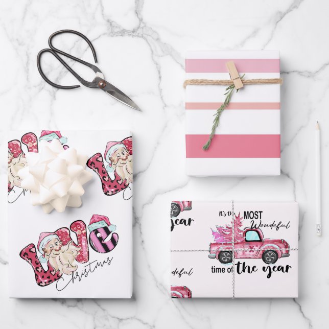 Pink Liebe Weihnachtswrapping Paper Geschenkpapier Set (Vorderseite)