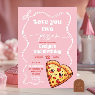 Pink Liebt euch zwei Pizzen Bow Zweite Geburtstags Einladung