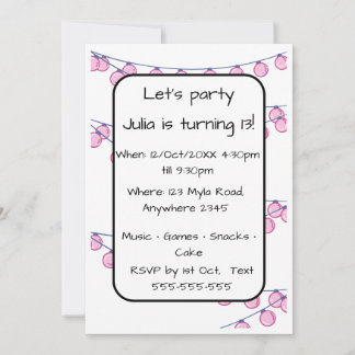 Pink Lights Teen Girl Customisable Birthday Invita Einladung