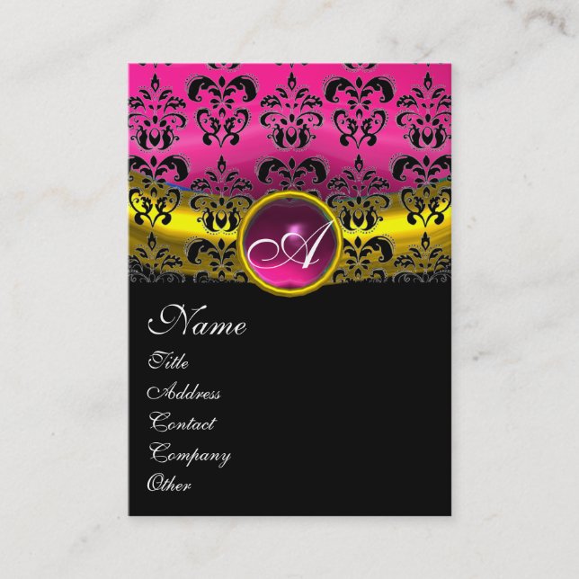 PINK LILA AMETHYST DAMASK MONOGRAMM, Fuchsia gold Visitenkarte (Vorderseite)