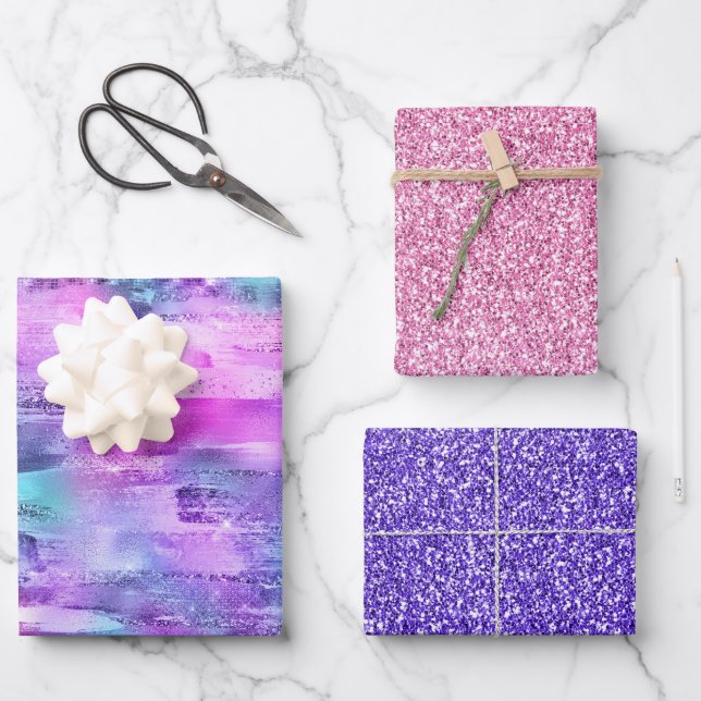 Pink Lila Aqua Sparkle Glitzer Geschenkpapier Set (Vorderseite)