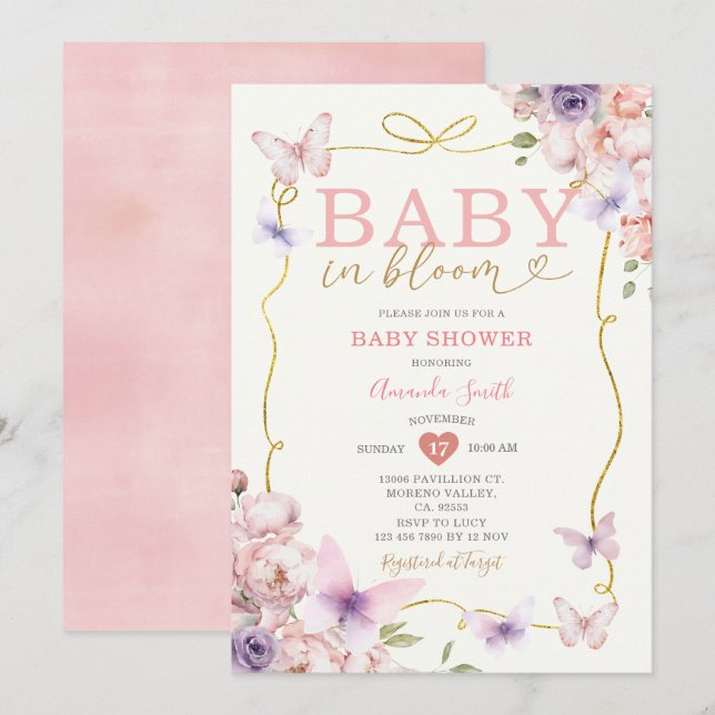 Pink Lila Baby in Bloom Bow Girl Babydusche Einladung (Vorne/Hinten)