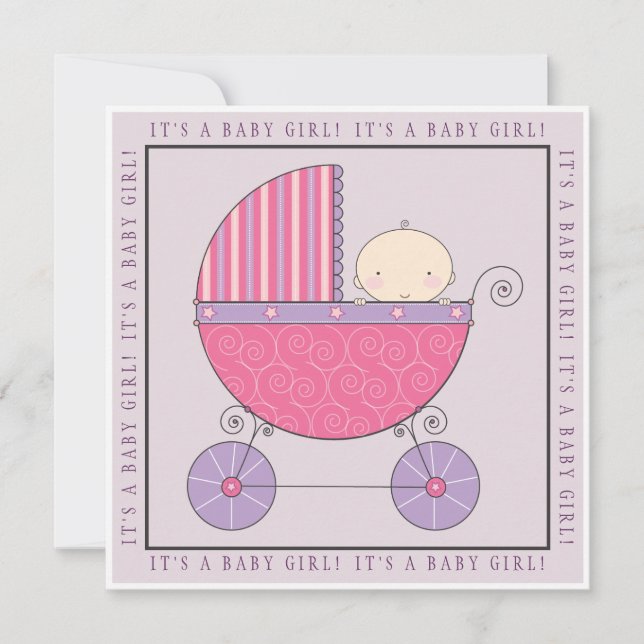 Pink & Lila Baby in Carriage Girl Babydusche Einladung (Vorderseite)