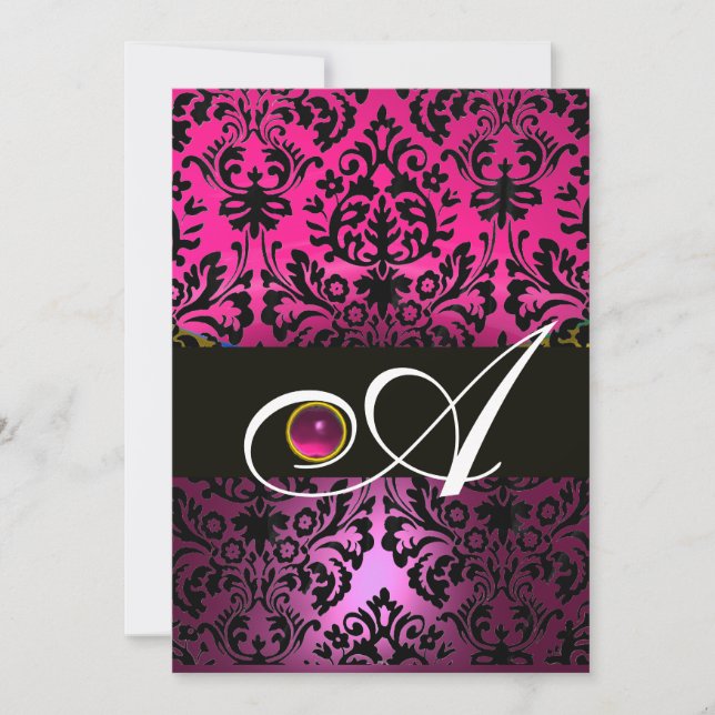 PINK LILA BLACK DAMASK MONOGRAM Amethyst Fuchsia Einladung (Vorderseite)