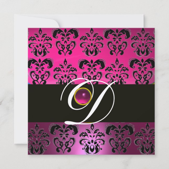 PINK LILA BLACK DAMASK MONOGRAM Amethyst Fuchsia Einladung (Vorderseite)