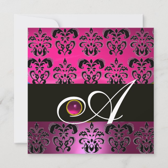 PINK LILA BLACK DAMASK MONOGRAM Amethyst Fuchsia Einladung (Vorderseite)
