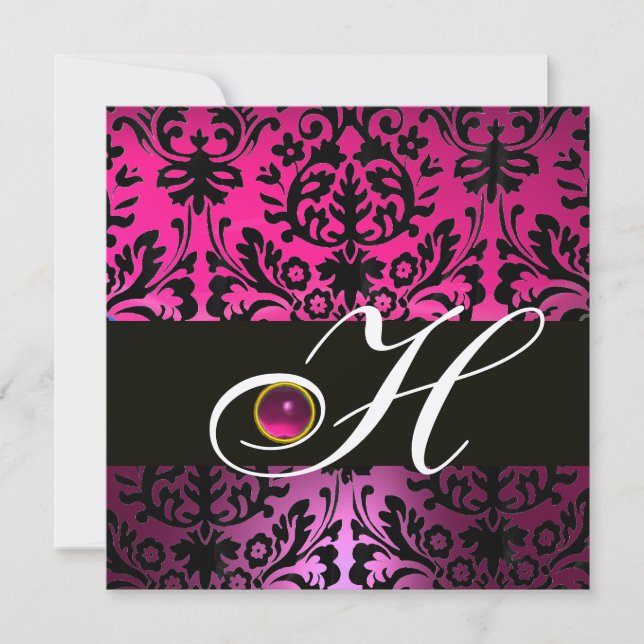 PINK LILA BLACK DAMASK MONOGRAM Amethyst Fuchsia Einladung (Vorderseite)