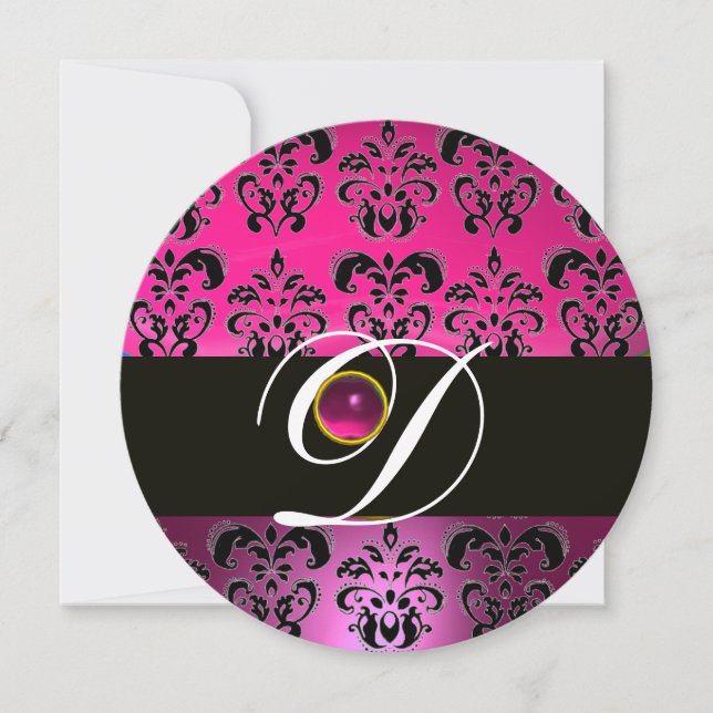 PINK LILA BLACK DAMASK MONOGRAM Amethyst Fuchsia Einladung (Vorderseite)