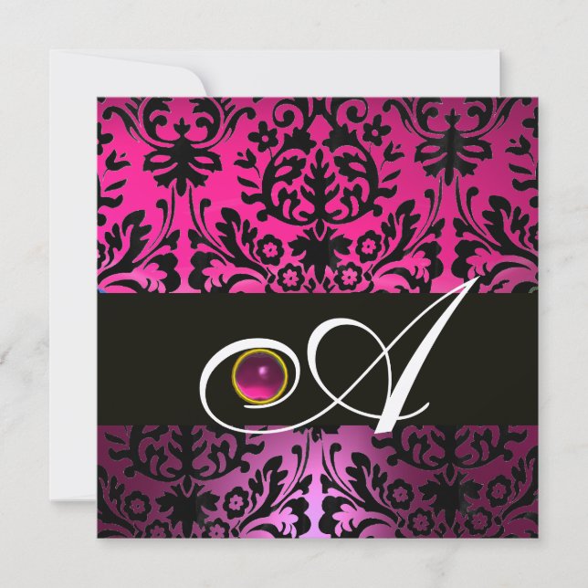 PINK LILA BLACK DAMASK MONOGRAM Amethyst Fuchsia Einladung (Vorderseite)