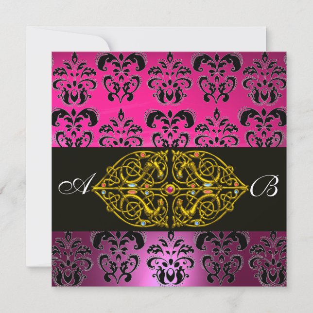 PINK LILA BLACK DAMASK MONOGRAM, Fuchsia, Gold Einladung (Vorderseite)