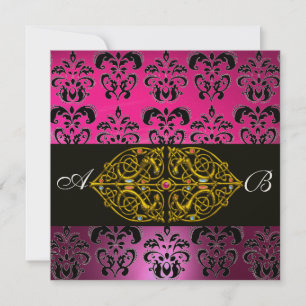 PINK LILA BLACK DAMASK MONOGRAM, Fuchsia, Gold Einladung
