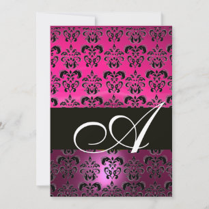 PINK LILA BLACK DAMASK MONOGRAMM, fuchsienweiß Einladung