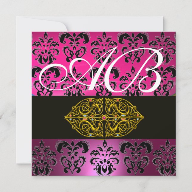 PINK LILA BLACK DAMASK MONOGRAMM, weiß Einladung (Vorderseite)