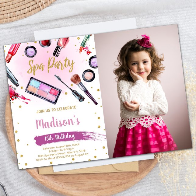Pink Lila Black Glitzer Foto Wellness-Center Gebur Einladung (Pink Purple Black Glitter Photo Spa Birthday Invitation)