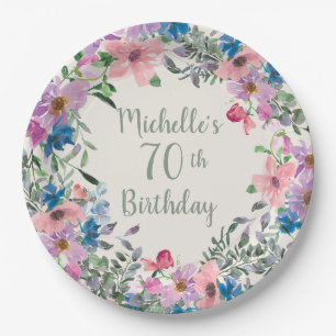 Pink Lila Blau Aquarell Blumen 70. Geburtstag Pappteller