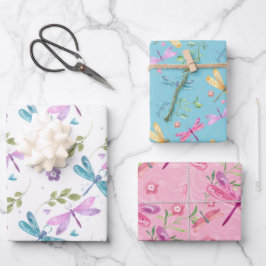PINK LILA BLAU GELBE EATERCOLOR DRAGONFLIS GESCHENKPAPIER SET