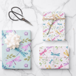 PINK LILA BLAU GELBEN WASSERFARBE DRAGONFLIS GESCHENKPAPIER SET