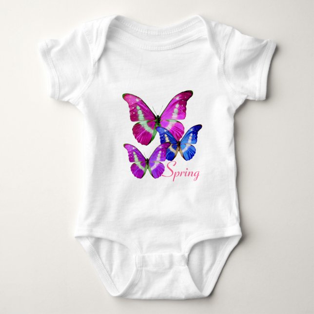 PINK LILA BLAU SPRING BUTTERFLIS BABY STRAMPLER (Vorderseite)