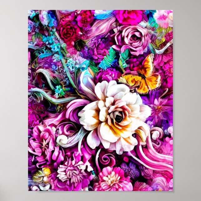 Pink Lila Blue Aquamarin White Garden Blume Fantas Poster (Vorne)
